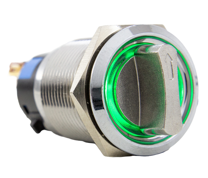 Chave Seletora Antivandalismo Iluminada 3 Posições Fixas 45º 19mm - 24VCA/VCC - Verde - 2 REV