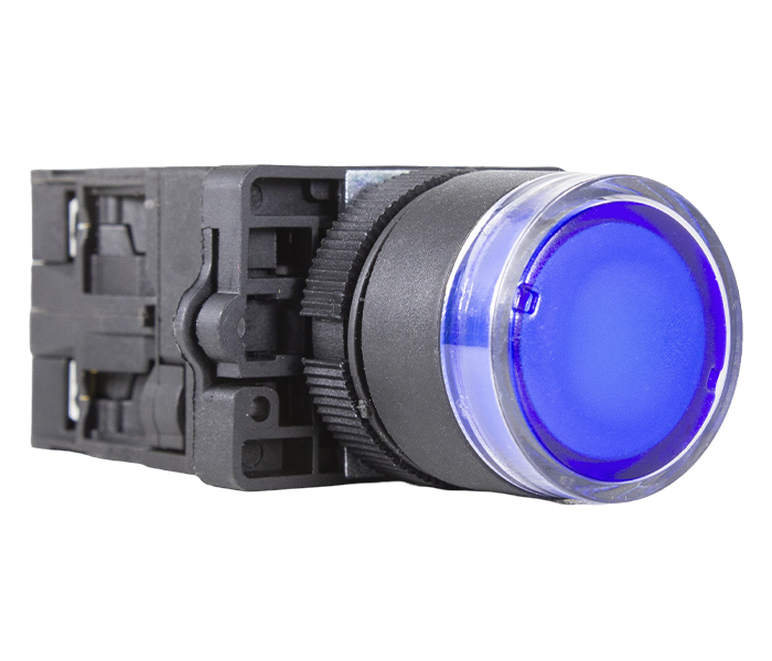 Botão Pulsador Iluminado Plástico 22mm - 24VCA/VCC - Azul - 1NA+1NF