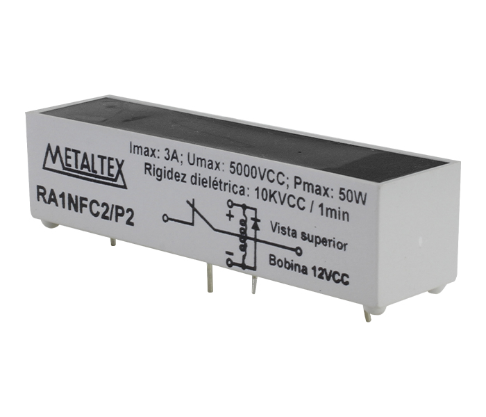 Relé Reed Alta Tensão 1NF - Bobina de - 12VCC - Capacidade de 3A - Potência 50W - Tensão de Comutação 5000VCC - Rigidez Dielétrica 10KVCC