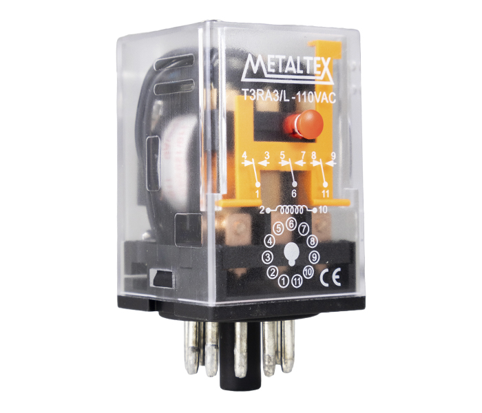 Relé Industrial 3 REV - Bobina de 110VCA - Capacidade 10A - 11 Pinos Plug-in - com Indicador Luminoso